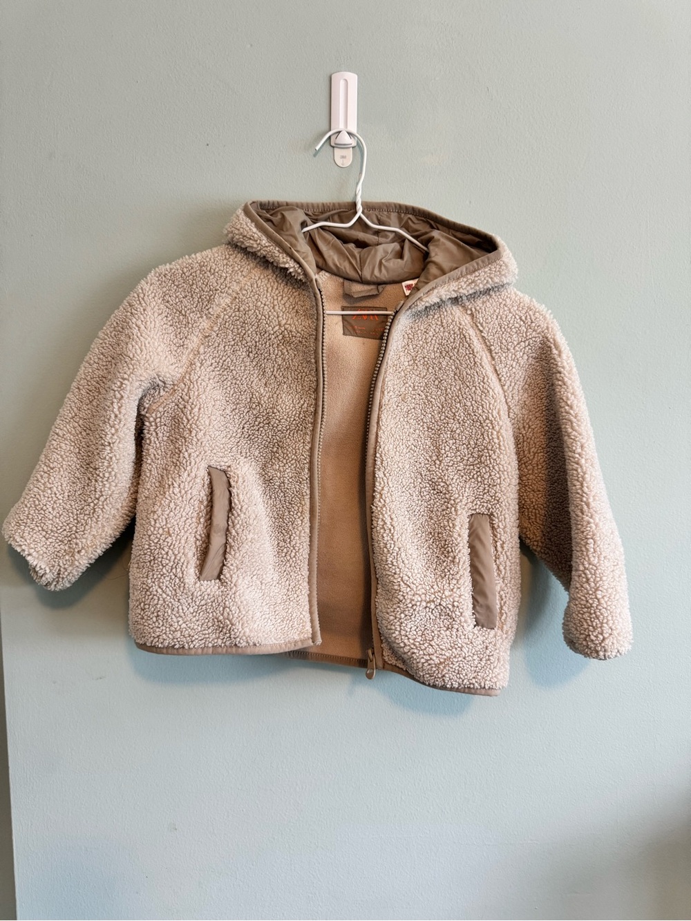 Zara Kids Hooded Sherpa Jacket in Light Taupe